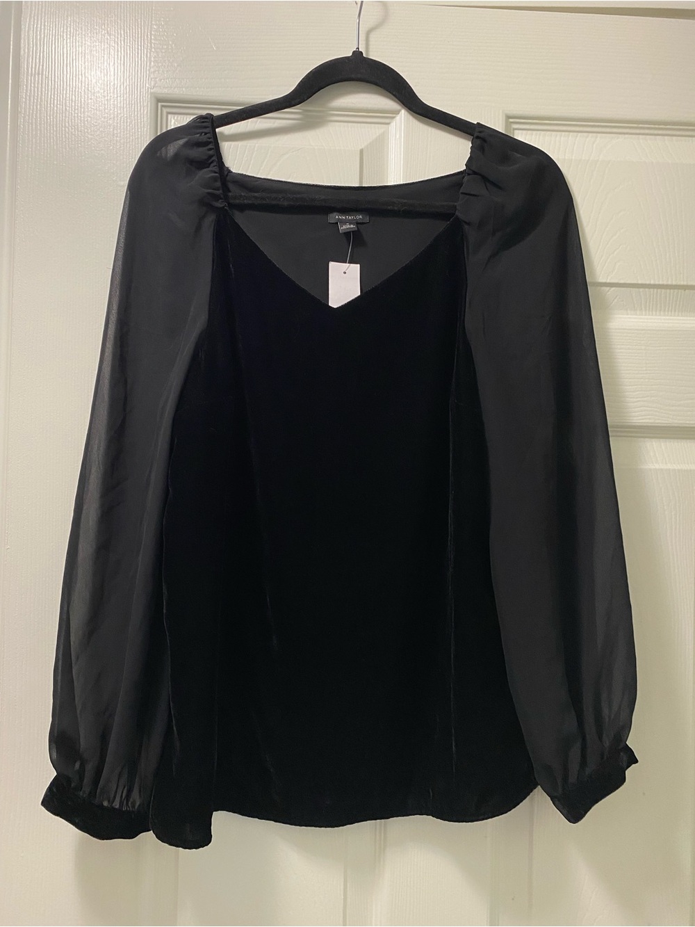 Ann Taylor Black Velvet Blouse with Sheer Bishop Sleeves